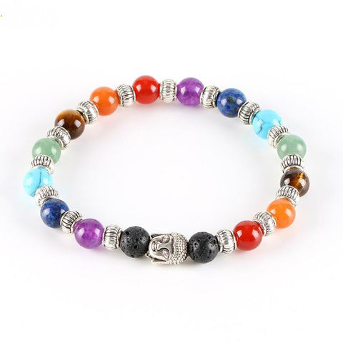 7 Chakra Buddha and Lava Healing Stone Diffuser Bracelet - Tibetan Silver Plate