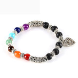 7 Chakra Lava Healing Stone Diffuser Bracelet with Heart Charm - Antique Silver Plate - Gift Idea
