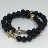 ❉❉ NEW ❉❉ Ladies Swarovski Crystal Elements Cross and Lava Stone Bracelet - Gold Tone - Silver Tone