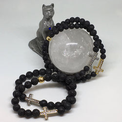 ❉❉ NEW ❉❉ Ladies Swarovski Crystal Elements Cross and Lava Stone Bracelet - Gold Tone - Silver Tone