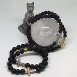 ❉❉ NEW ❉❉ Ladies Swarovski Crystal Elements Cross and Lava Stone Bracelet - Gold Tone - Silver Tone