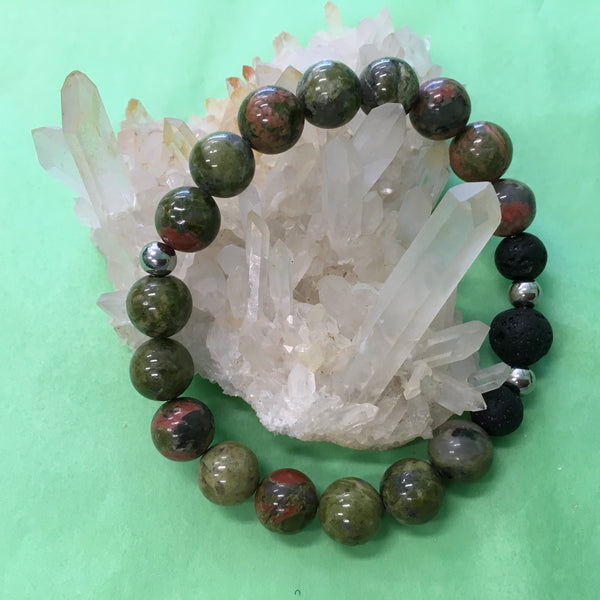 Ladies Unakite and Lava Stone Aroma Diffuser Bracelet - the stone of couples - Aromatherapy Jewellery