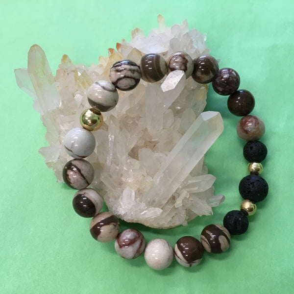 Ladies Zebra Jasper and Lava Aroma Diffuser Statement Bracelet - Aromatherapy Jewellery