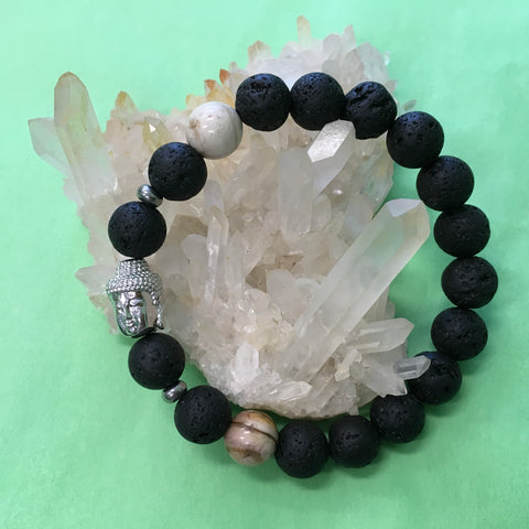 Ladies Zebra Jasper, Bhudda  and Lava Aroma Diffuser Bracelet