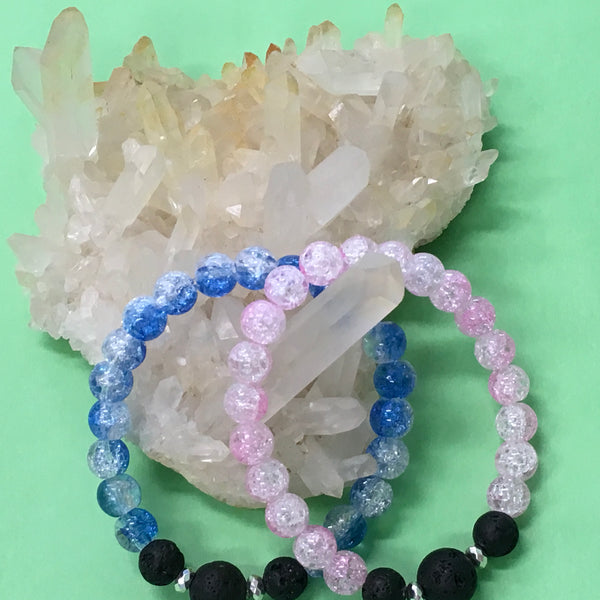 Kids Pink or Blue Crackle Quartz and Lava Stone Aroma Diffuser Bracelet