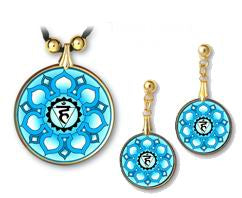 Throat Chakra Sanskrit Mandala Pendant and Earrings - handcrafted by Hermit Studios